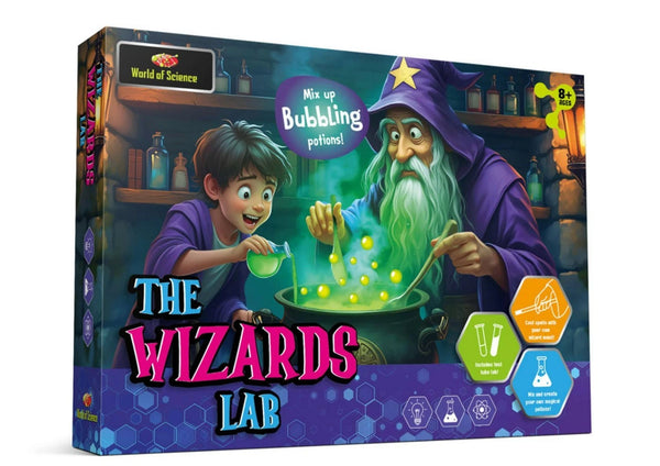 Board game box titled 'The Wizard's Lab' with colorful design and characters.