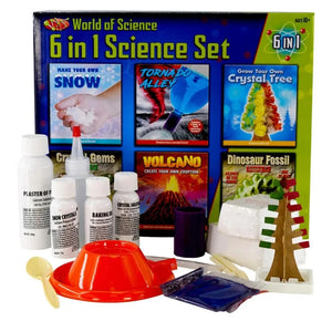 World of Science 6-in-1 Science Set with various science experiment kits and materials.
