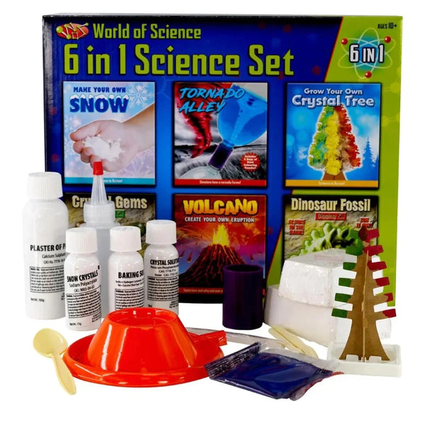 World of Science 6-in-1 Science Set with various science experiment kits and materials.