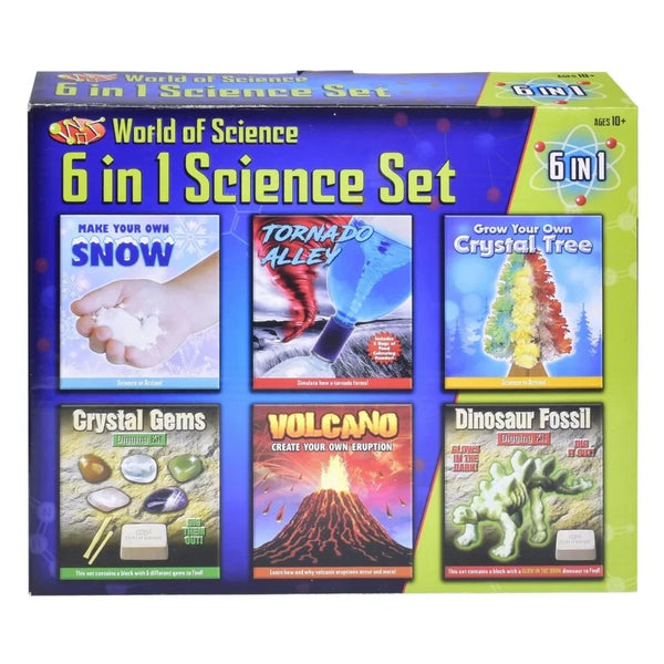 Box of World of Science 6 in 1 Science Set with colorful graphics and text.