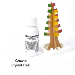 Crystal solution bottle and tree-shaped crystal structure on a white background with text 'Grow a Crystal Tree!'.