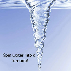 Tornado-like water formation with text 'Spin water into a Tornado!' against a blue background