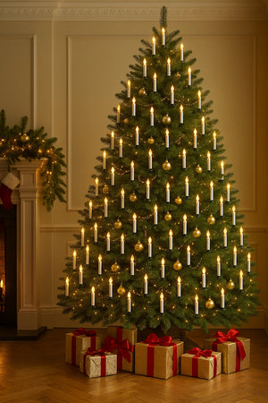 Decorated Christmas tree with lights and presents in a room setting.