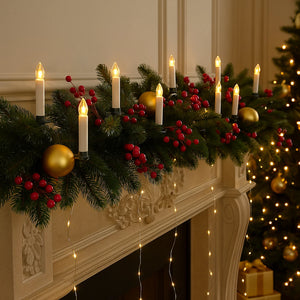Decorative Christmas mantel with candles, greenery, and ornaments.