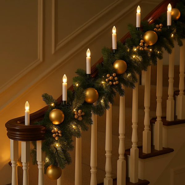 Decorative Christmas garland with candles on a staircase