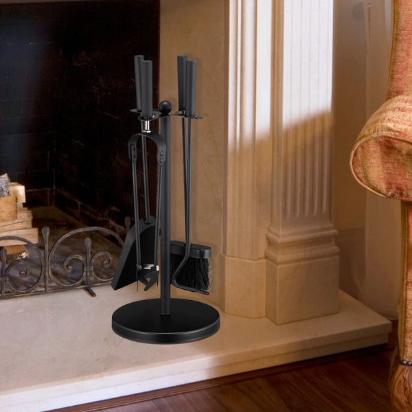 Black fireplace tool set on a mantel with a fireplace in the background