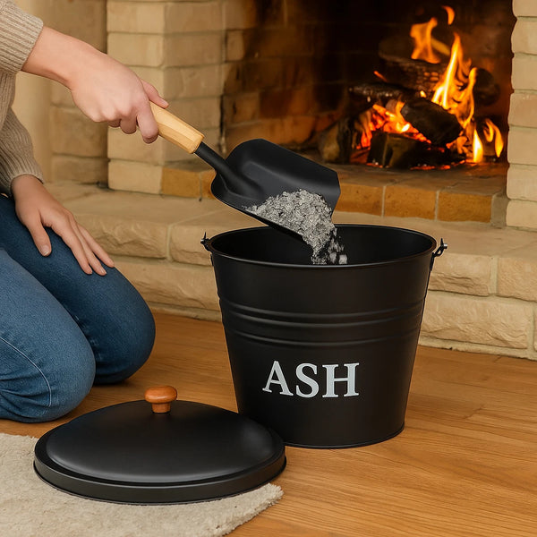 Person using a black ash scoop to transfer ashes into a black 'ASH' bucket in front of a fireplace.