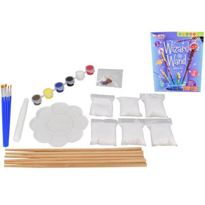 Art supplies including paint, brushes, and a box labeled 'Wizard Wand' on a white background