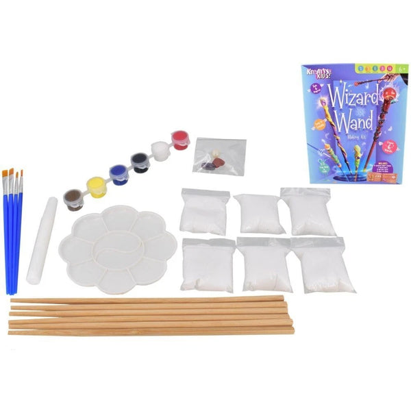 Art supplies including paint, brushes, and a box labeled 'Wizard Wand' on a white background