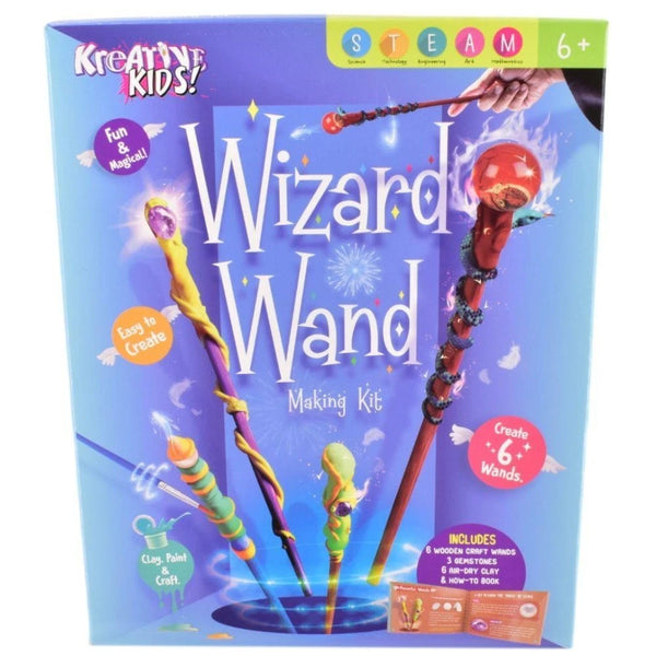 Krearty Kids Wizard Wand Making Kit packaging with colorful wands on a blue background