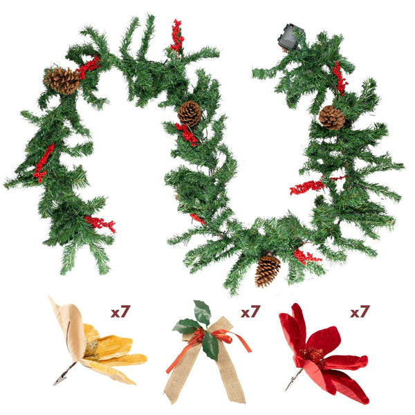 Decorative Christmas garland with pine cones, red berries, and decorative elements on a white background.