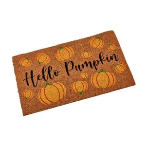 Doormat with pumpkins and 'Hello Pumpkin' text on a white background