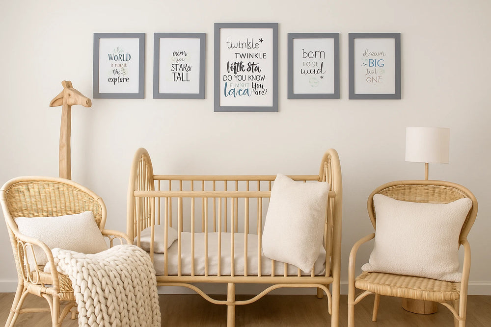 Nursery room with wooden crib, wicker chairs, and framed quotes on the wall.