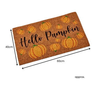 Doormat with pumpkins and 'Hello Pumpkin' text, dimensions shown.