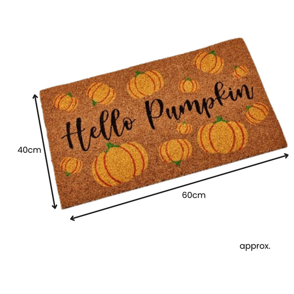 Doormat with pumpkins and 'Hello Pumpkin' text, dimensions shown.