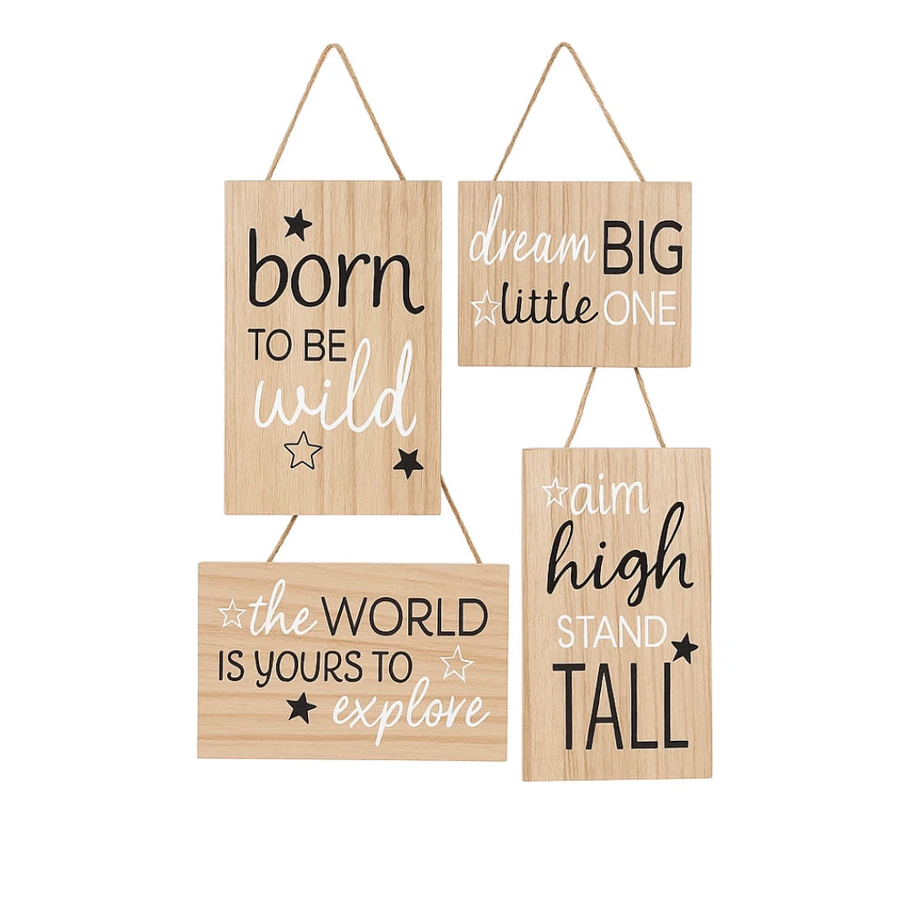 Nursery room with wooden crib, cloud-shaped pillows, and motivational signs on the wall.