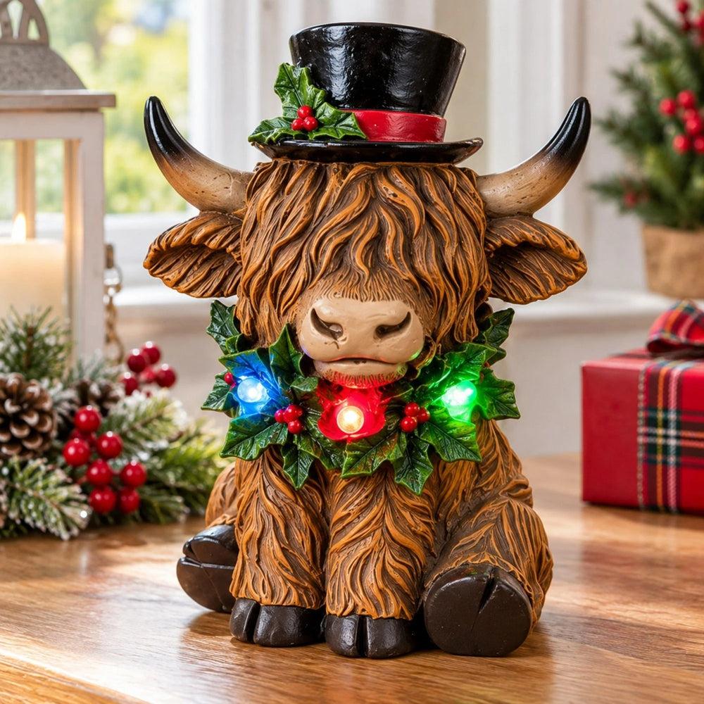 A Highland cow holiday figurine with a black top hat, red band, and a green holly garland with glowing multicolor LED lights, sitting on a wooden table in a festive indoor setting.