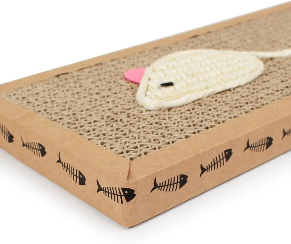 Cat scratcher with a toy mouse on a white background