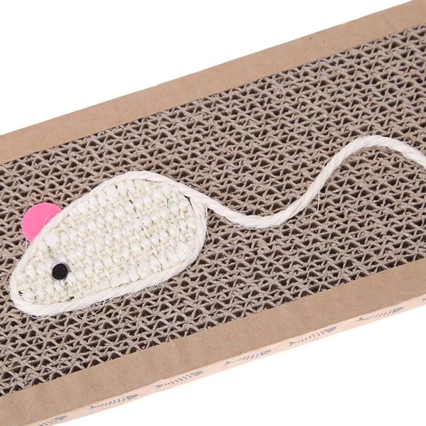 Cat scratcher with a toy mouse attached on a white background