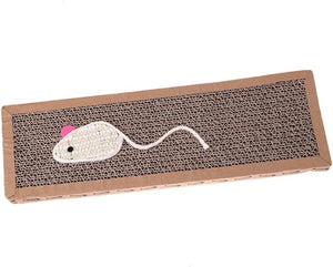 Cat scratcher with a toy mouse on a white background