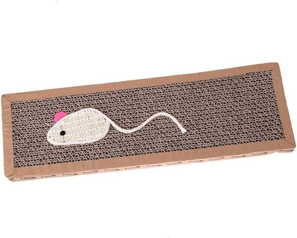 Cat scratcher with a toy mouse on a white background