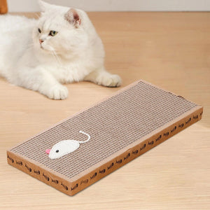 Cat scratcher with a toy mouse on a wooden floor