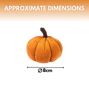 Small orange pumpkin with a brown stem on a white background, labeled with 'APPROXIMATE DIMENSIONS' and '8cm'.