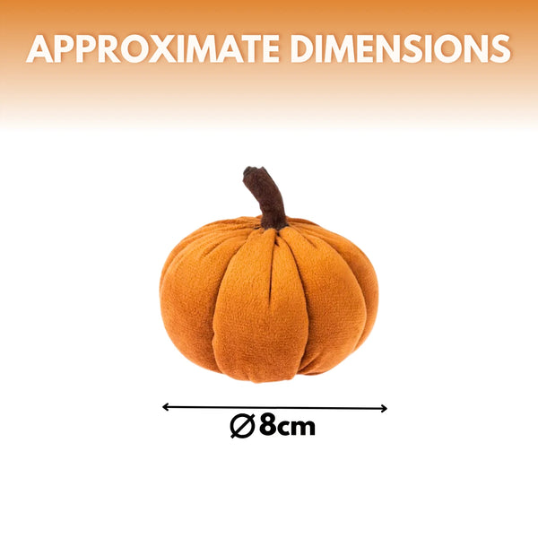Small orange pumpkin with a brown stem on a white background, labeled with 'APPROXIMATE DIMENSIONS' and '8cm'.