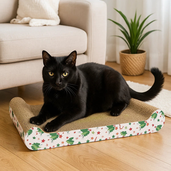 Black cat lying on a patterned cat bed in a living room.