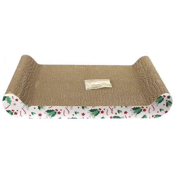 Cat scratcher with jute surface and Christmas-themed border on a white background