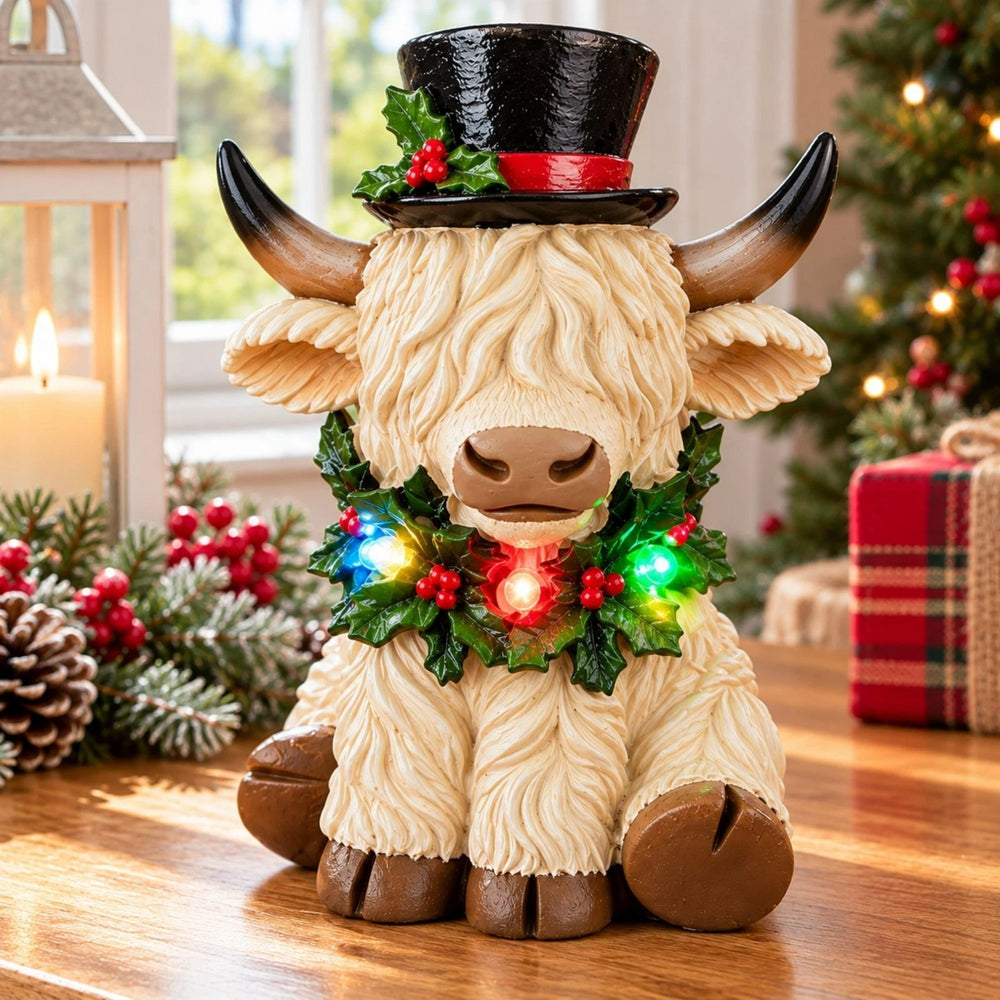 Cream Highland cow Christmas ornament with glowing wreath beside festive decorations.