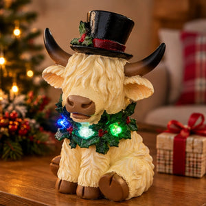 White Highland cow Christmas decoration with multicoloured lights and festive presents.