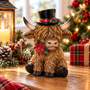 A Highland cow holiday figurine with a black top hat, red holly accents, and a red poinsettia on its neck, sitting on a wooden table with a blurred Christmas background.