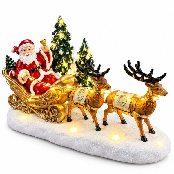 Santa in gold sleigh with two reindeer and illuminated Christmas trees
