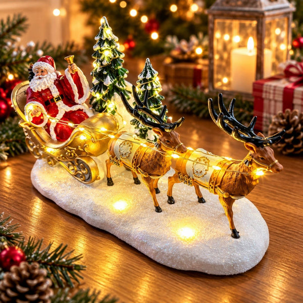 Light up Santa sleigh and reindeer decoration beside a festive lantern