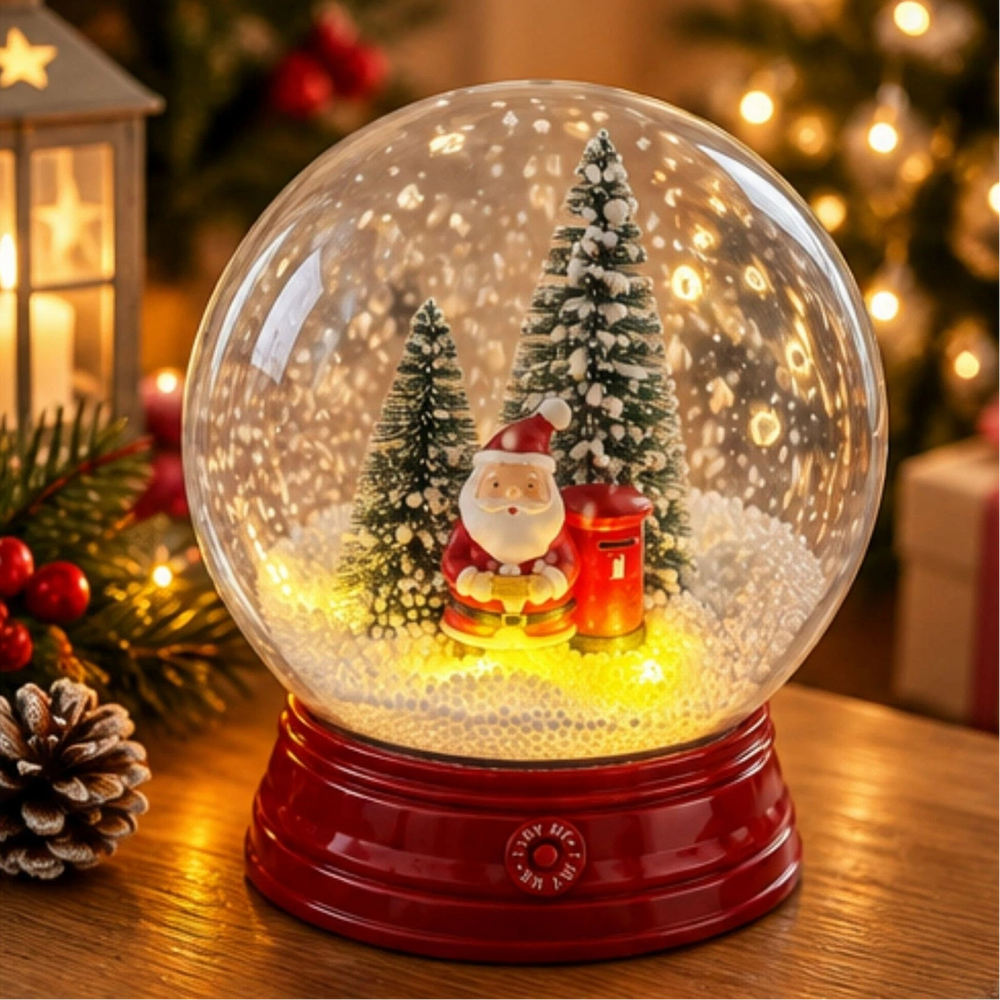A festive Christmas snow globe with a glowing red base, featuring Santa Claus, miniature trees, and a red mailbox inside a clear globe on a wooden table with warm holiday lights in the background.