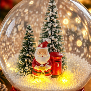 A festive snow globe decoration featuring a Santa Claus figurine seated beside a red mailbox, with two small snow-covered Christmas trees and warm glowing lights inside a clear round globe.