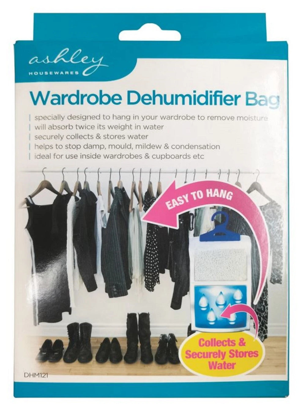 Wardrobe dehumidifier bag packaging with clothes on hangers and boots on a white background