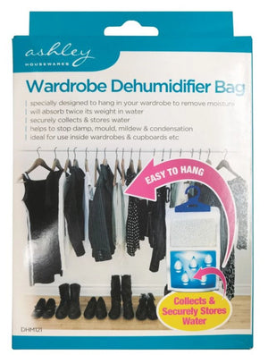 Wardrobe dehumidifier bag packaging with clothes on hangers and boots on a white background