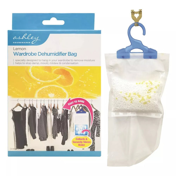 Wardrobe dehumidifier bag with packaging and hanger on a white background