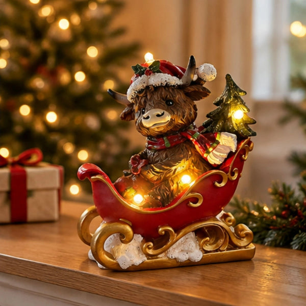 A festive Christmas figurine of a shaggy brown cow in a red sleigh with gold trim, decorated with a Santa hat and scarf, holding a small glowing Christmas tree. The ornament sits on a wooden surface with a blurred Christmas tree and wrapped gift in the background.
