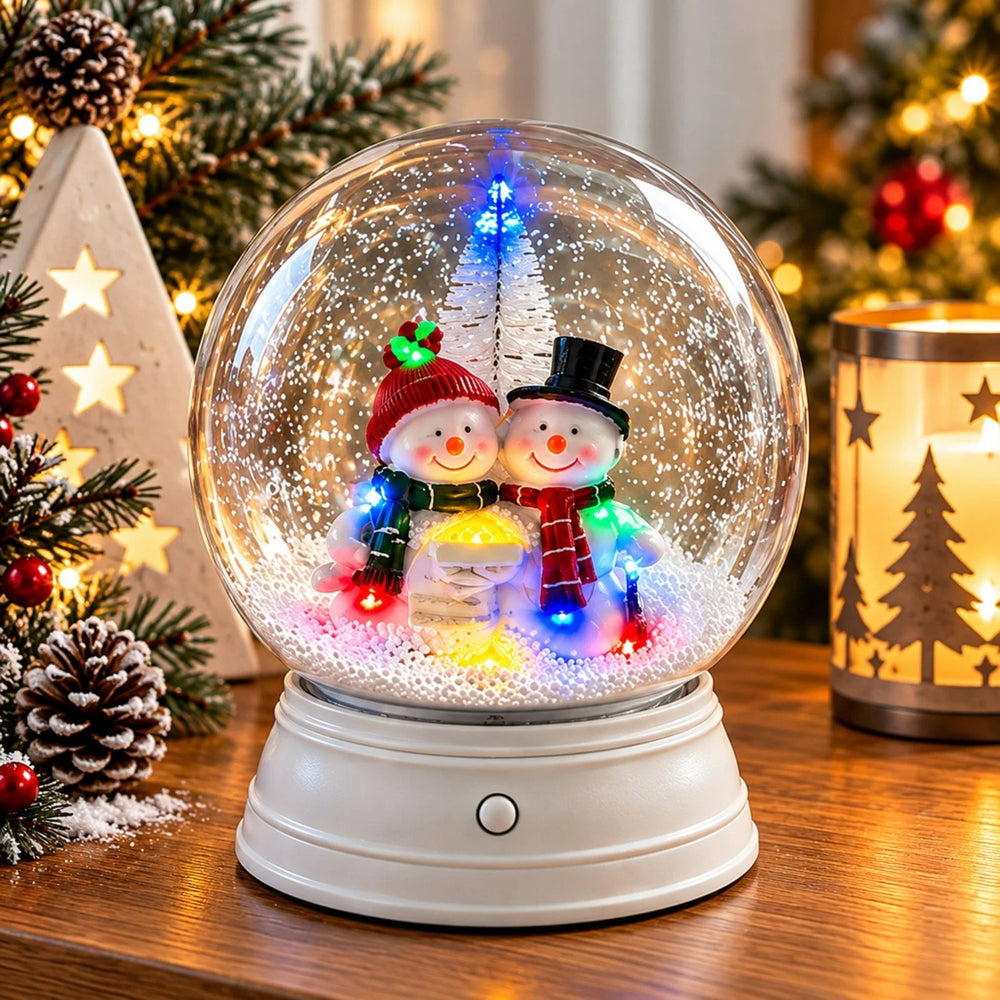 Christmas snow globe featuring two smiling snowmen illuminated by multicoloured LEDs.