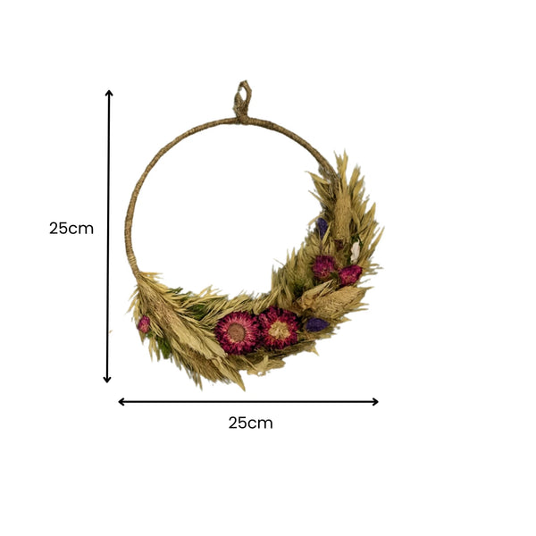 Decorative wreath with flowers and measurements on a white background