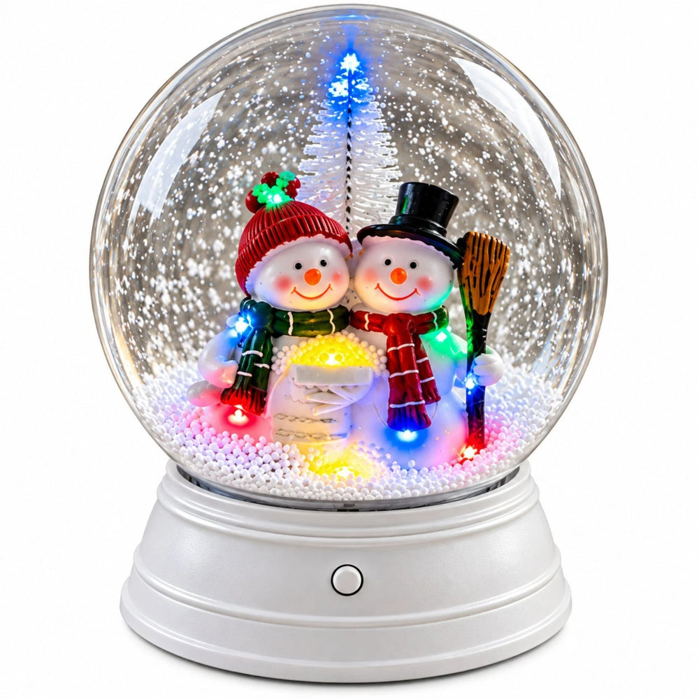 Christmas snow globe featuring two smiling snowmen illuminated by multicoloured LEDs.