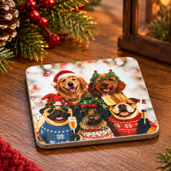 A square coaster featuring a festive printed illustration of four dogs in holiday sweaters and hats, placed on a wooden tabletop with Christmas greenery and ornaments in the background.