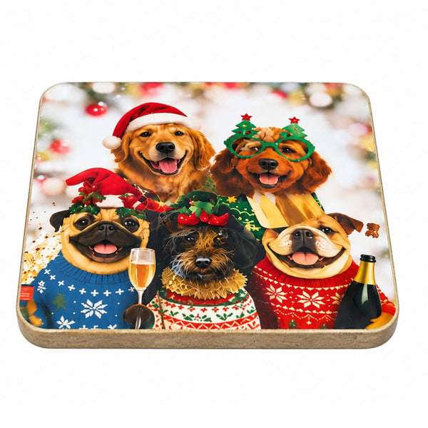 A square ceramic coaster featuring a festive Christmas print of four dogs wearing holiday sweaters and hats, set against a clean white background.