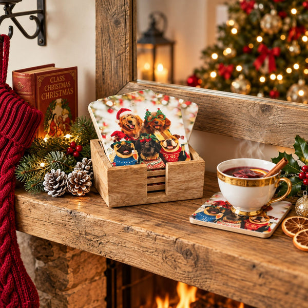 A wooden box and matching coasters featuring a festive Christmas dog illustration print, styled on a rustic wooden mantel beside a steaming cup of tea, pinecones, a red stocking, and a blurred Christmas tree in the background.