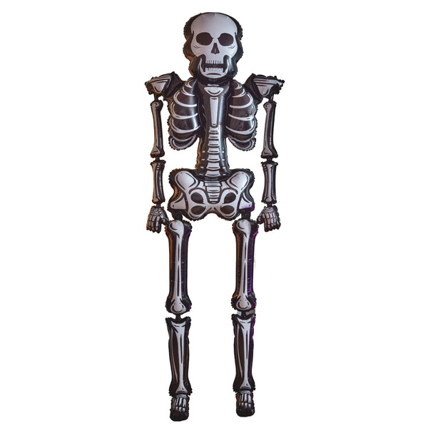 A full-body inflatable skeleton decoration on a plain white background.