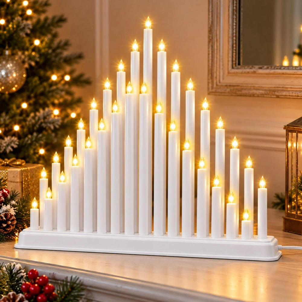 White Christmas candle bridge with 33 warm white LED lights on a festive mantelpiece.