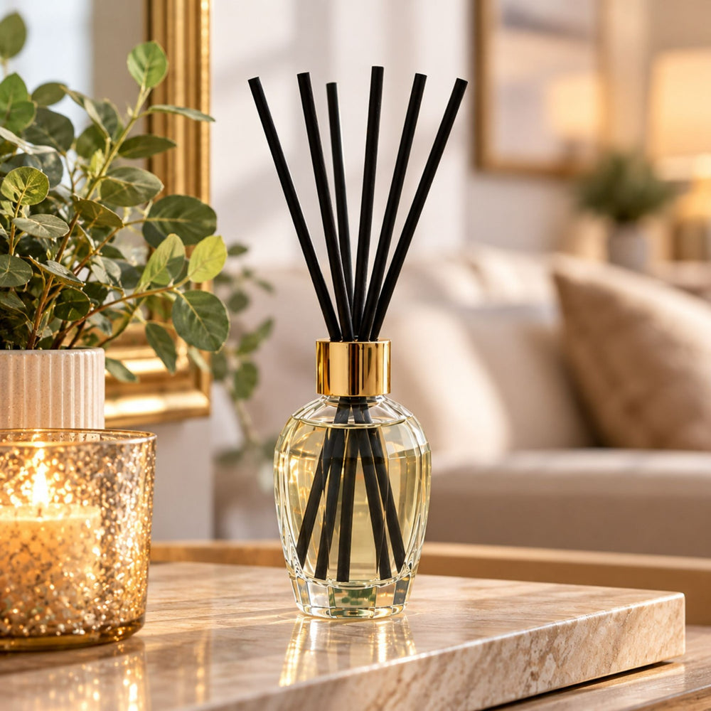 300ml Cinnamon Spice reed diffuser with gold detailing and festive gift packaging.